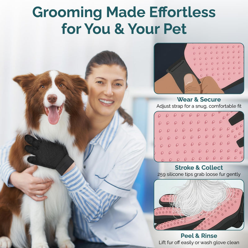 Pet Grooming Gloves for Dogs & Cats – Premium 259-Tip Deshedding & Massage Mitts, Easy-Peel Hair Removal, Adjustable Strap, 1 Pair (Blue/Pink) (Pink) Pink - PawsPlanet Australia