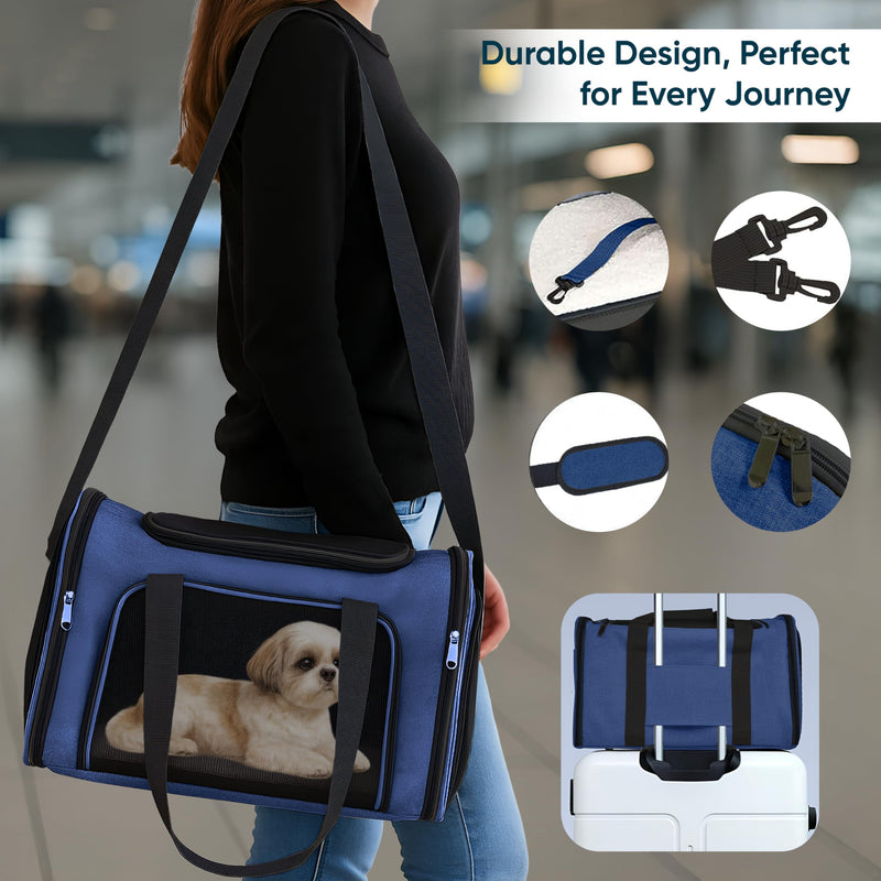 Pet Travel Carrier Bag – Airline Approved Soft-Sided Dog & Cat Carrier, Foldable, Breathable Mesh, Washable Pad – Fits Pets up to 15 lbs – The Pup Quartet (Blue) Blue