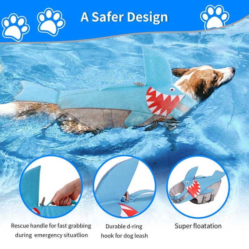 Dog Life Jacket Swimming Vest: Shark Dog Life Vest for Large Dogs, Adjustable Ripstop Pet Life Preserver for Swimming Boating - with Reflective Stripes & Rescue Handle (Blue) L Blue