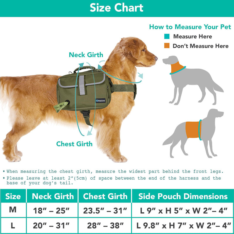 PetAmi Dog Backpack for Medium & Large Dogs, Saddle Bag for Dogs to Wear for Hiking, Pet Backpack Harness Dog Pack with Reflective Side Pockets for Walking Running Olive Canvas - PawsPlanet Australia