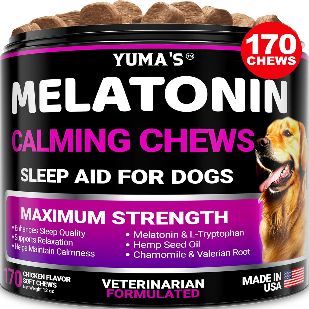 YUMA'S Melatonin for Dogs - 170 Dog Melatonin Chews for Small and Large Dogs - Puppy Melatonin - Dog Sleep Aid - Calming Treats for Stress Anxiety Relief - Calming Chews for Dogs - Dog Sleeping Pills 170 Treats Melatonin Calming Chews