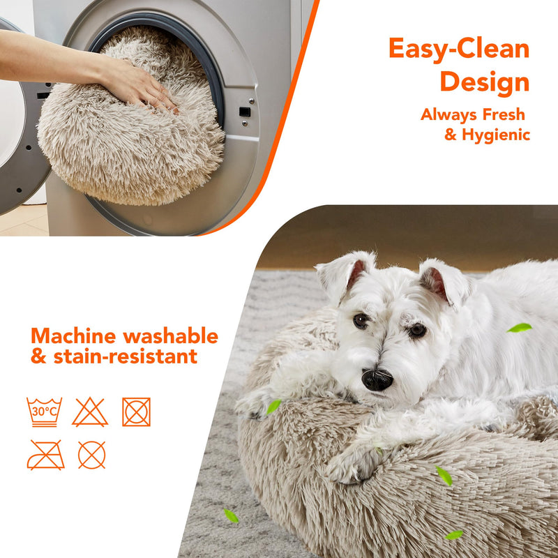 Deconovo Calming Donut Dog Bed, Washable Plush Round Pet Bed for Small Dogs & Cats with Raised Rim, Non-Slip Base and Soft Faux Fur—Lightweight, Easy-Care Design Camel 21" L x 21" W x 8" Th 21"L x 21"W x 8"Th - PawsPlanet Australia