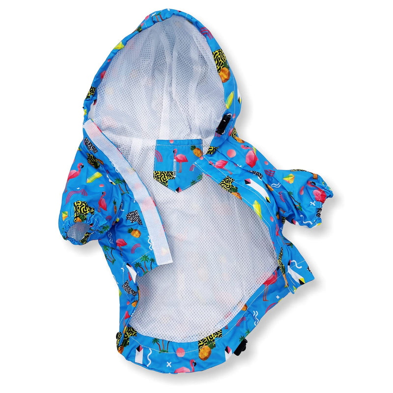 Dog Raincoat Hooded Leash Hole Waterproof Rain Coat Jacket Rainwear for Small Pet Cat Puppy (XXS: Length - 8", Blue Flamingo) XXS: Length - 8"