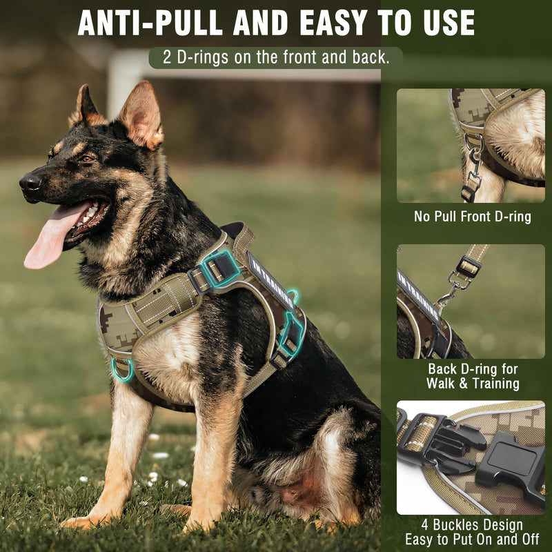 Tactical Dog Harness and Leash Set for Large Dogs,Heavy Duty No Pull Service Dog Vest and 10 Patches with Dog Seat Belt,Reflective Adjustable Pet Harness for Training Walking Hiking Camo L Desert Camo - PawsPlanet Australia