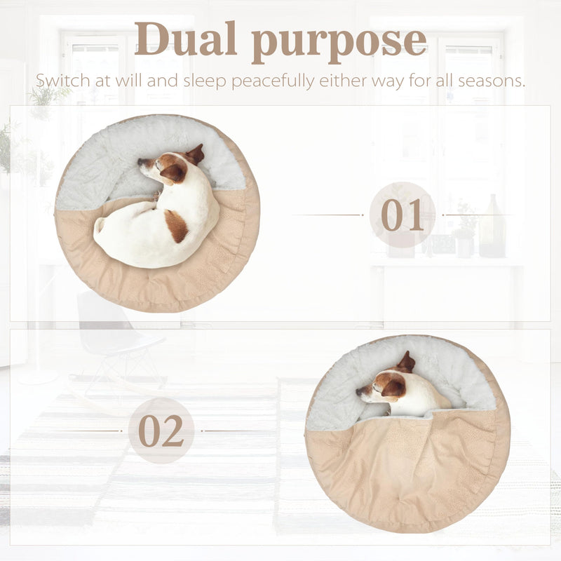 Dog Bed Warm with Hooded Blanket, Anti-Anxiety Puppy Pet Bed Cave Super Soft, Non-Slip Bottom, Machine Washable, Cozy Donut Indoor Pet Beds Fluffy for Dogs and Cats, Fits up to 26.5lbs, 23.6inch Beige S-23.6 inch - PawsPlanet Australia
