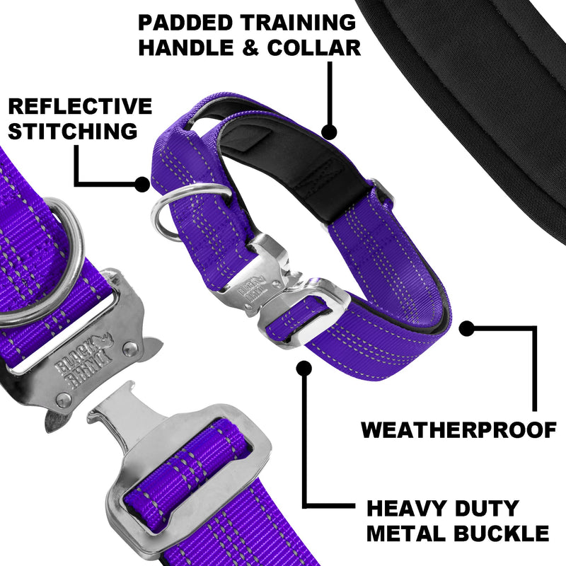 Black Rhino - Tactical Dog Collar Ultra-Soft Neoprene Padded Dog Collars for Medium, Large, XL Dogs | Heavy Duty Metal Buckle | Padded Handle for Dog Training (XL, Purple) - PawsPlanet Australia
