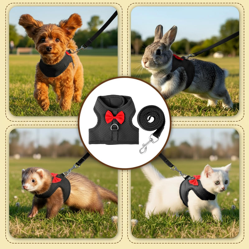 Bunny Harness and Leash Set, Soft Breathable Rabbit Leash Vest with Cute Bow Mesh Adjustable Vest Bunny Leash for Walking Gear Escape Proof for Kittens, Ferrets, Guinea Pigs(Black M) Black M - PawsPlanet Australia