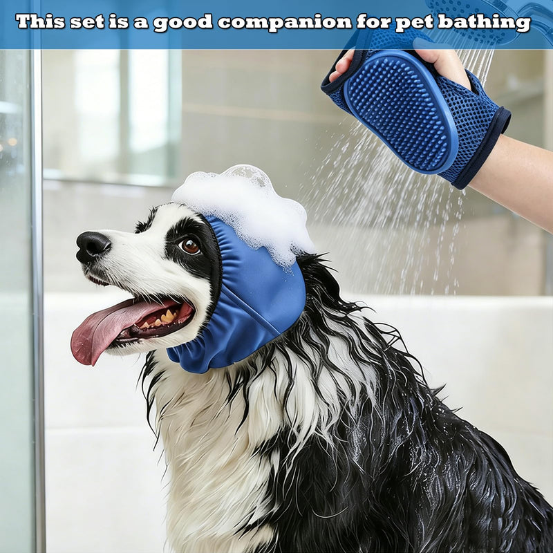 2 Pcs Pet Ear Muffs and Grooming Gloves, Swimming Waterproof Dog Ears Caps, Wearable Glove Design Shampoo Scrubber for Cat, Dehairing Brush for Most Cats, Dogs (M) M