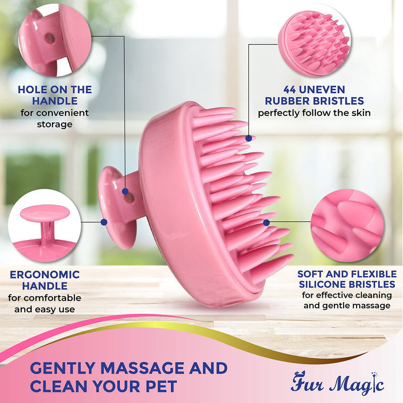 Fur Magic Dog Bath Brush, Therapeutic Pet Grooming Brush for Shampoo and Massage, Soft Silicone Washing Comb, Removes Loose Undercoat, Mats and Knots, Pink