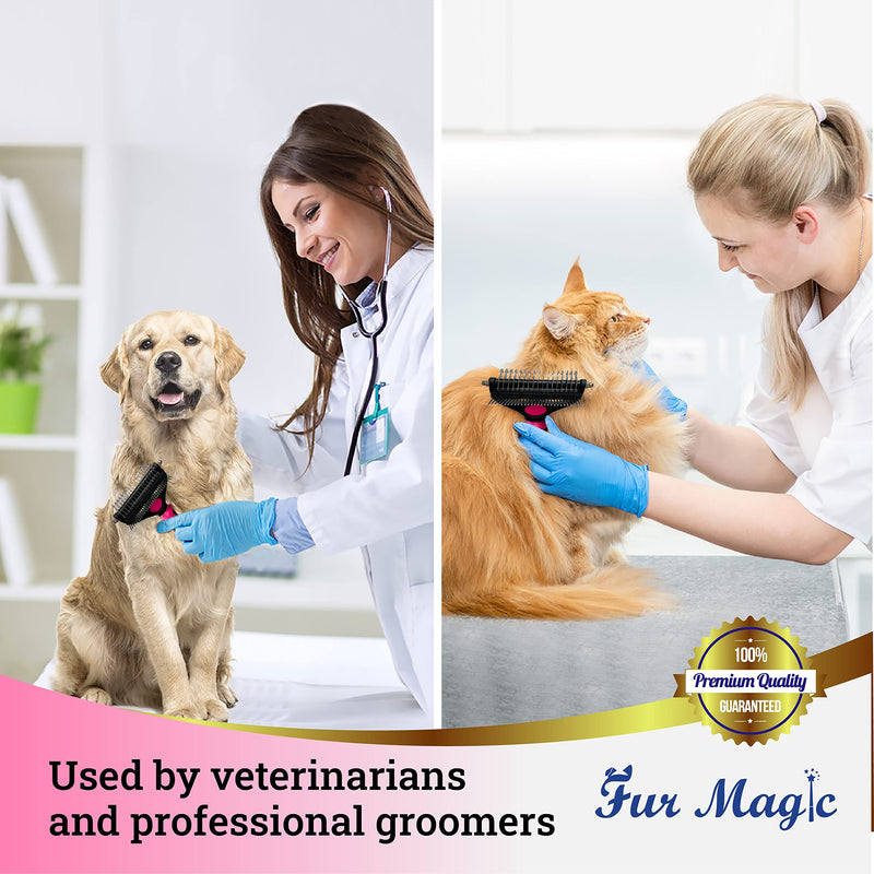 Fur Magic Deshedding and Dematting Comb Double Sided Undercoat Rake Pet Grooming Brush Removing Mats, Knots & Tangles for Dogs and Cats with Long and Medium Hair, Pink