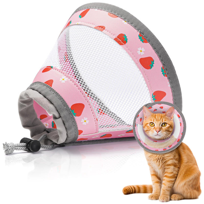 Cat Cone Collar Soft - Adjustable Cat Recovery Collar Kitten Lightweight Elizabethan Collar to Stop Licking Pet E Cone for Small Medium Cats After Surgery Prevent from Licking Wounds (Pink, M) Strawberry M