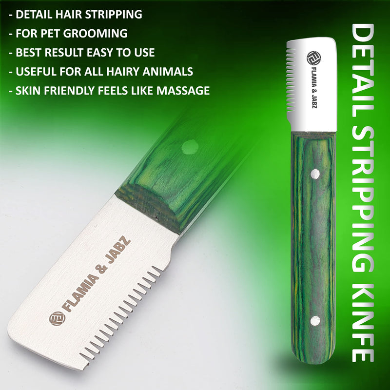 FLAMIA & JABZ Professional Stripping Knife kit (6 Pieces Set) for Dogs & Pets, Wooden Handle Grip with Stainless Steel Comb (Right Handed) (Green) Green - PawsPlanet Australia