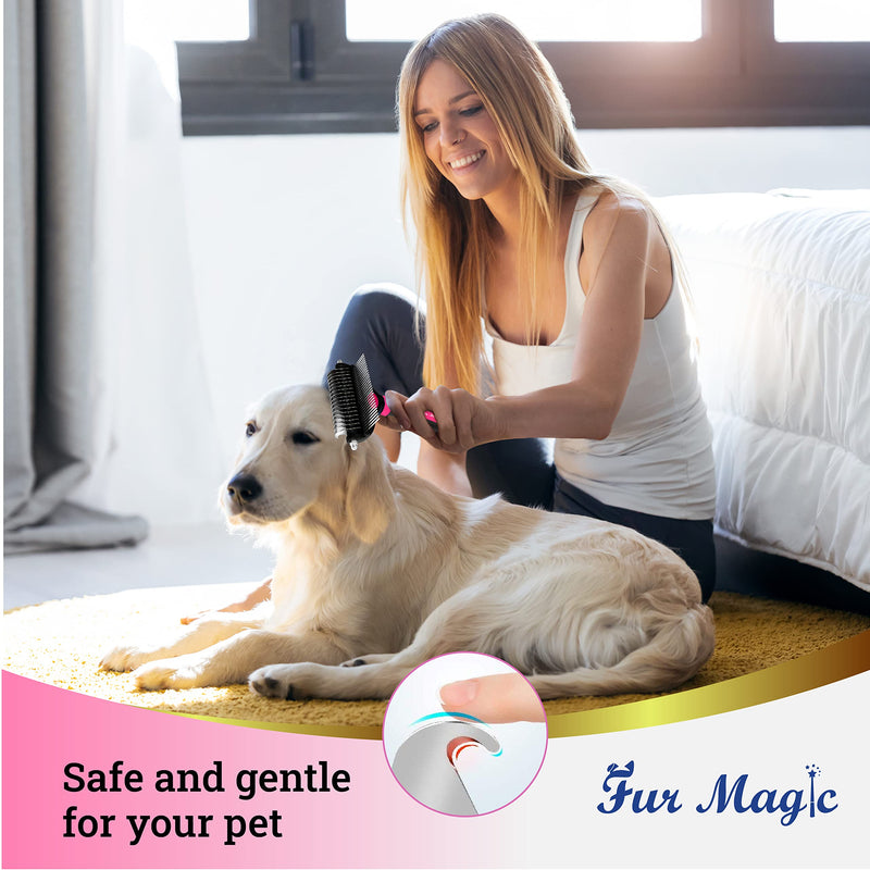 Fur Magic Deshedding and Dematting Comb Double Sided Undercoat Rake Pet Grooming Brush Removing Mats, Knots & Tangles for Dogs and Cats with Long and Medium Hair, Pink