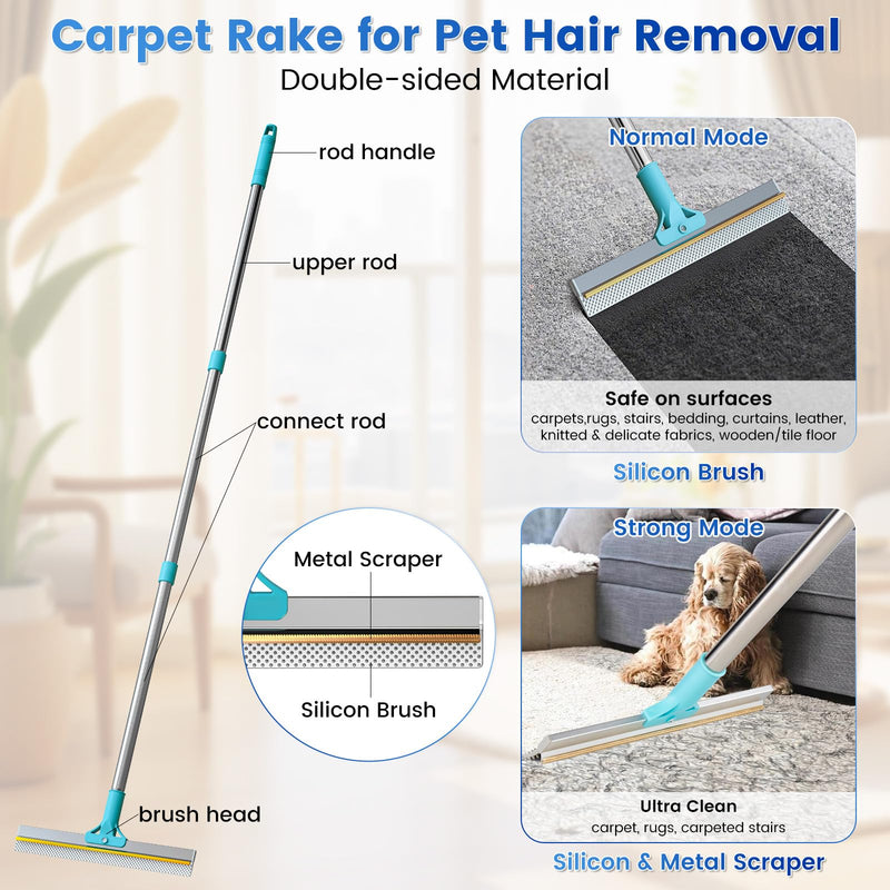 3-Pack Pet Hair Remover Tools, Carpet Rake for Pet Hair Removal, Long Handle Double-Sided Carpet Fur Removal Lint Scraper Brush Dog Cat Hair Remover for Sofa, Couch, Rug, Stairs, Clothes, Blue 3-Pack - PawsPlanet Australia