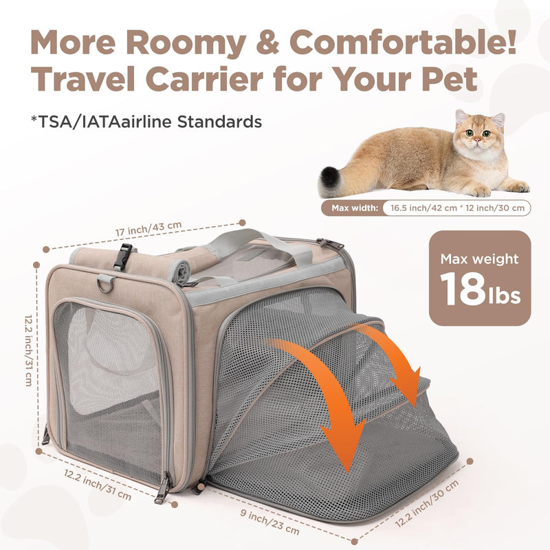 Small Dogs Carrier Airline Approved Soft Cat Carriers Stylish Expandable Pets Carriers Puppies Kitties Cage,Ventilated,Rabbit Bunny Small Animals Travel Outdoor Khaki Color 17.5"L x 12.0"W x 12.0"H