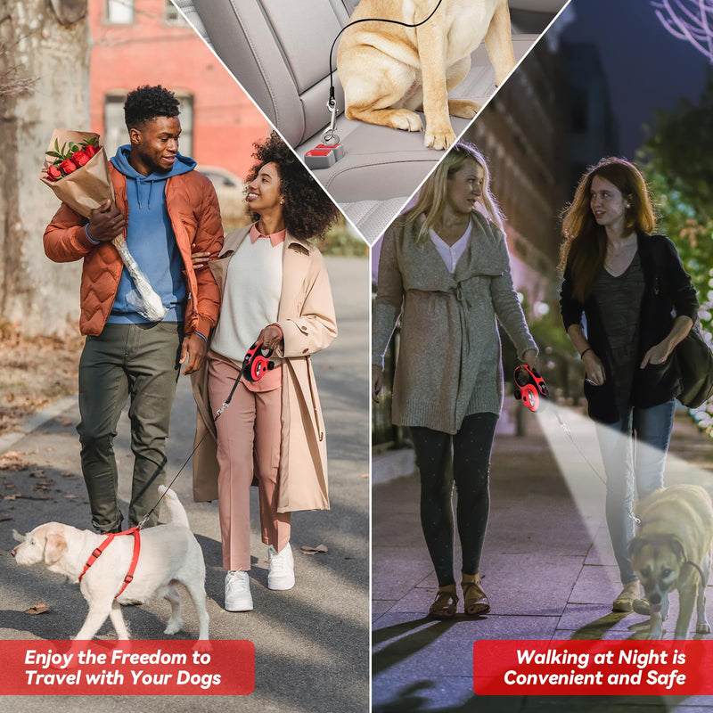 Heavy Duty Retractable Dog Leash for Large Dogs, 26ft Dog Leash with Poop Bag Holder, Up to 110lbs, chew Proof Cable, LED Light, 360° No-Tangle, One-Handed Pause & Locked. (Red, L 26ft) Red