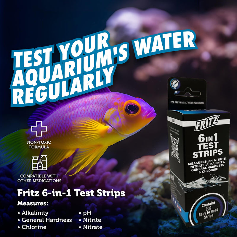 Fritz 6 in 1 Aquarium Test Strips - Monitor Nitrates, Nitrites, Water Hardness, Chlorine, Alkalinity and pH Level - 100 Count - PawsPlanet Australia