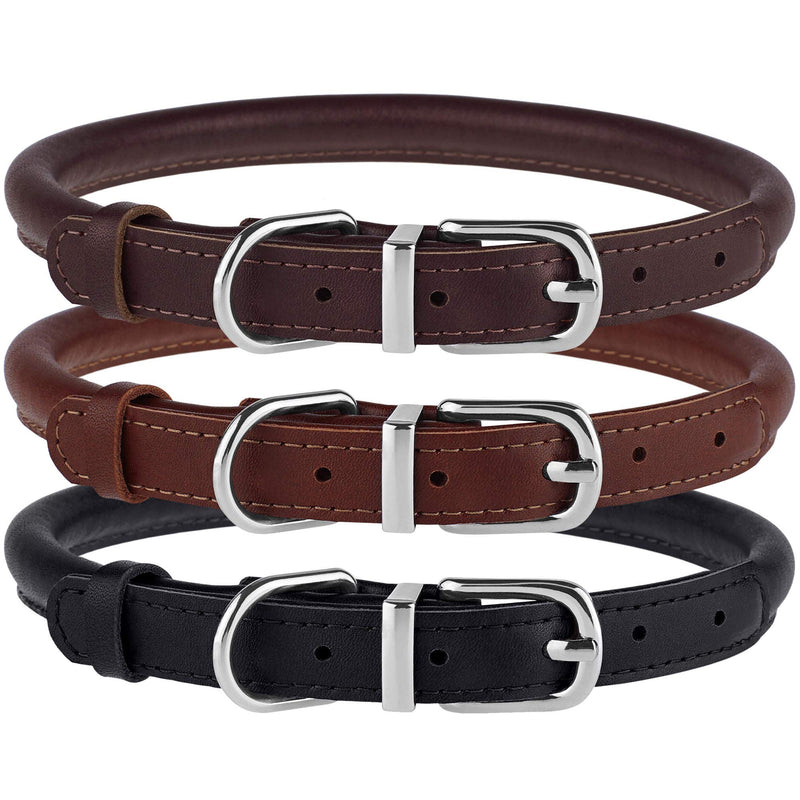 BRONZEDOG Rolled Leather Dog Collar Durable Metal Buckle Round Pet Collars for Small Medium Large Dogs Puppy Black Brown 15 - 17 Inch (Pack of 1)