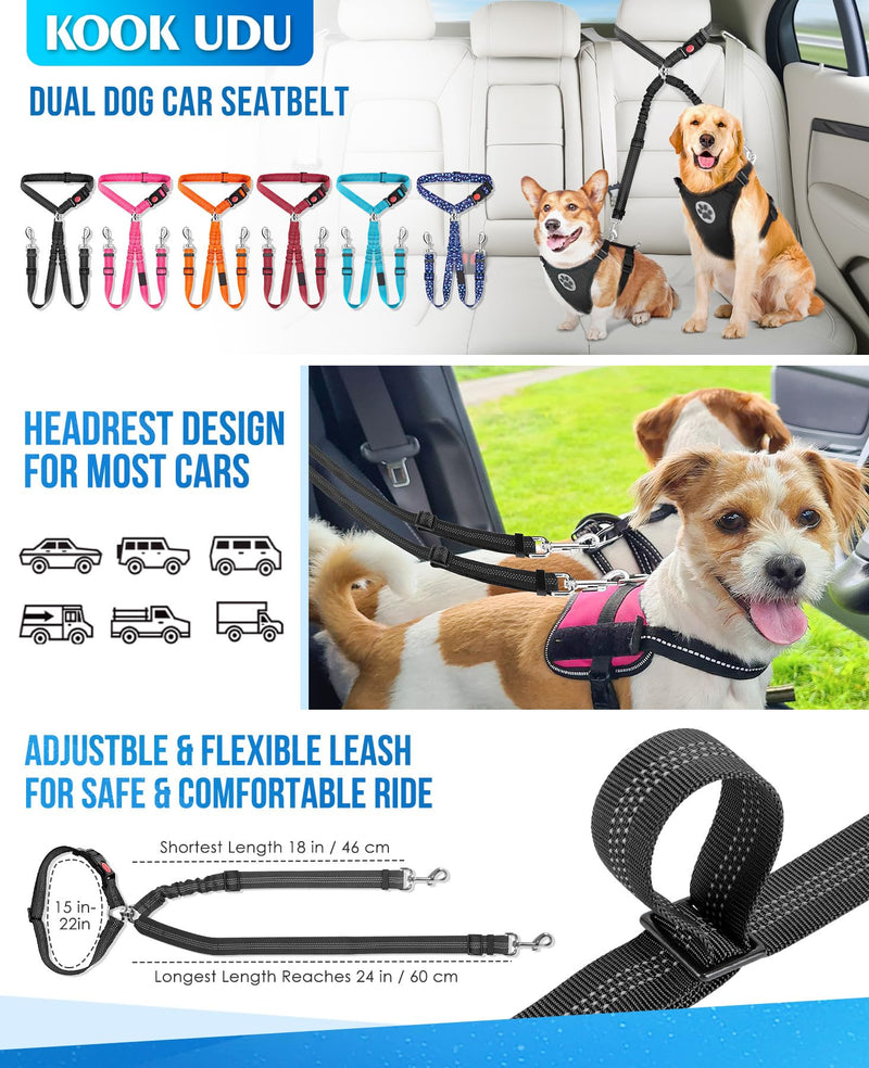 Dog Seat Belt for Car, Dual Pet Vehicle Headrest Restraint Safety Seatbelt,Two Dog Leash No Tangle Dog Car Leash Seat Belt,Duty Adjust Elastic Connect Harness in Vehicle Travel(Pink) Pink - PawsPlanet Australia