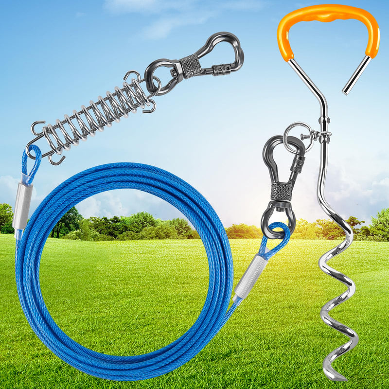 XiaZ Dog Tie Out Cable and Stake, 15 FT Dog Tether Line with Swivel Hook and Shock Absorbing Spring, Dog Lead for Yard Outdoor and Camping for Small to Medium Pets Up to 60 LBS 15ft-60lbs Blue