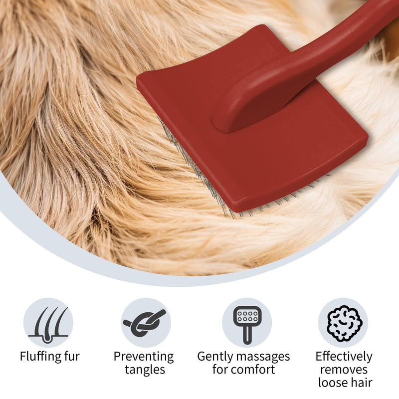 Pet Slicker Brush for Long & Short Hair - Detangling Tool for Dogs & Cats - 135° Angled Stainless Steel Pins, Curved Handle - Gentle Grooming for Small/Medium/Large Breeds (Red) Red