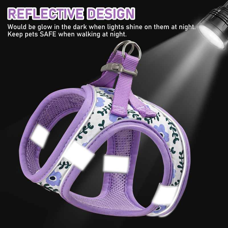 GAMUDA Small Dog Harness Collar and Leash Set, Step in No Chock No Pull Soft Mesh Adjustable Dog Vest Harnesses Plaid Reflective for Dogs Puppy Cats Kitten Rabbit (Purple Flower, S) Purple Flower - PawsPlanet Australia