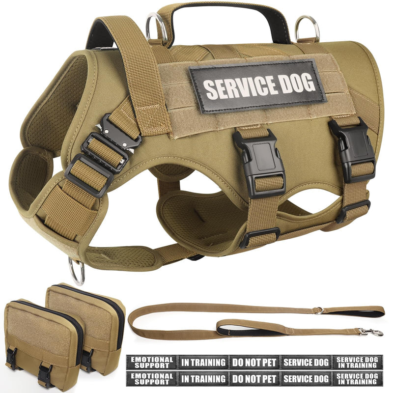 WINSEE Tactical Dog Harness with Dog Leash, Service Working MOLLE Vest with 10 Pet Patches for Medium Dog, No Pull Military Harness and Backpack for Training Hunting Walking Brown - PawsPlanet Australia