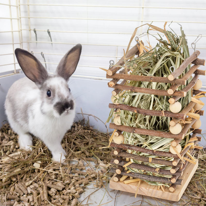 Wood Rabbit Hay Feeder, Hanging Grass Holder with 2 Hooks, Small Animals Feeding Hay Manager for Cage, Bunny Hay Feeder Rack for Chinchilla Guinea Pig Hamster Gerbil - PawsPlanet Australia