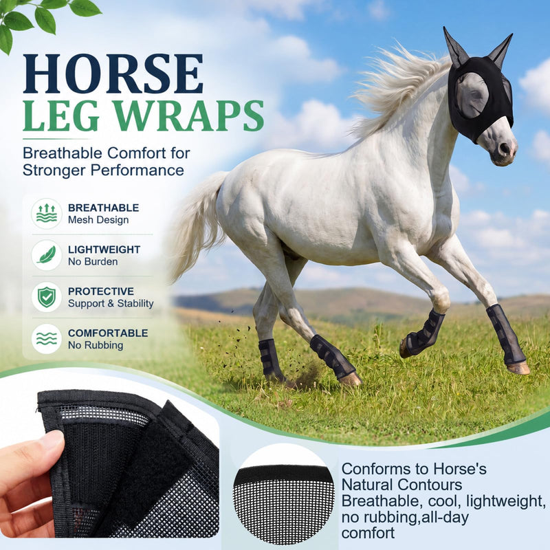 Hsei Mule Horse Fly Mask Set with Fly Boots with Ears Breathable Pony Equine Mask Horses Accessories Large for Pony Miniature Foal Draft Cob Srabian Donkey Farm Pet