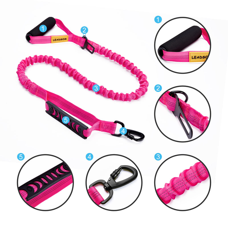 6FT Highly Reflective Heavy Duty Elastic Bungee Medium and Large Dog Leash Shock Absorbing with Comfortable Padded Handle and Traffic Handle Suitable for Training Hot Pink - PawsPlanet Australia