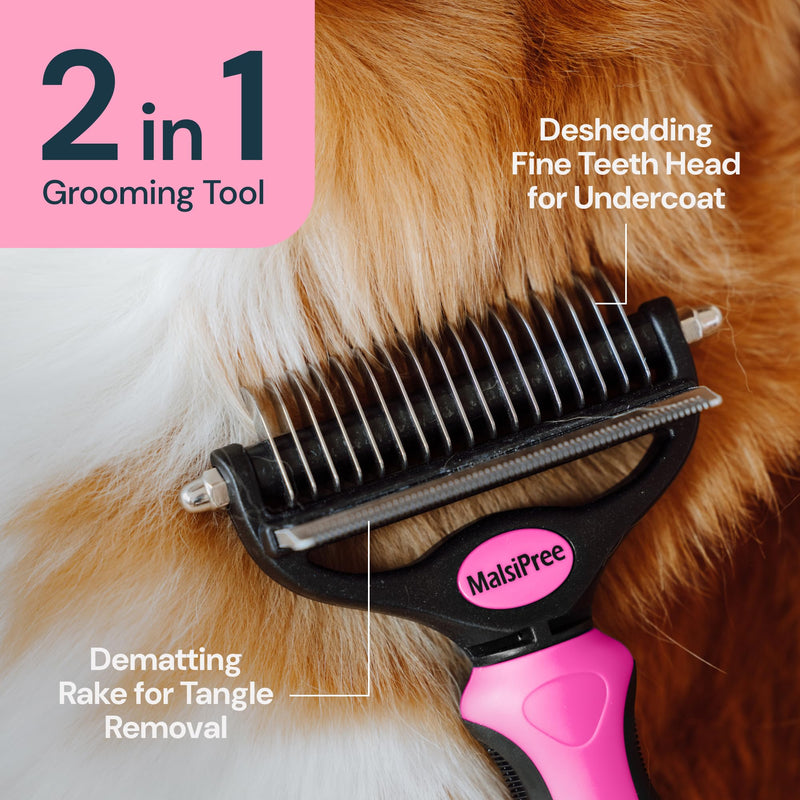 MalsiPree Pet Grooming Brush and Undercoat Rake for Dogs and Cats, 2-in-1 Pink Deshedding & Dematting Tool for Mats & Tangles - Pet Dematting Brush - PawsPlanet Australia