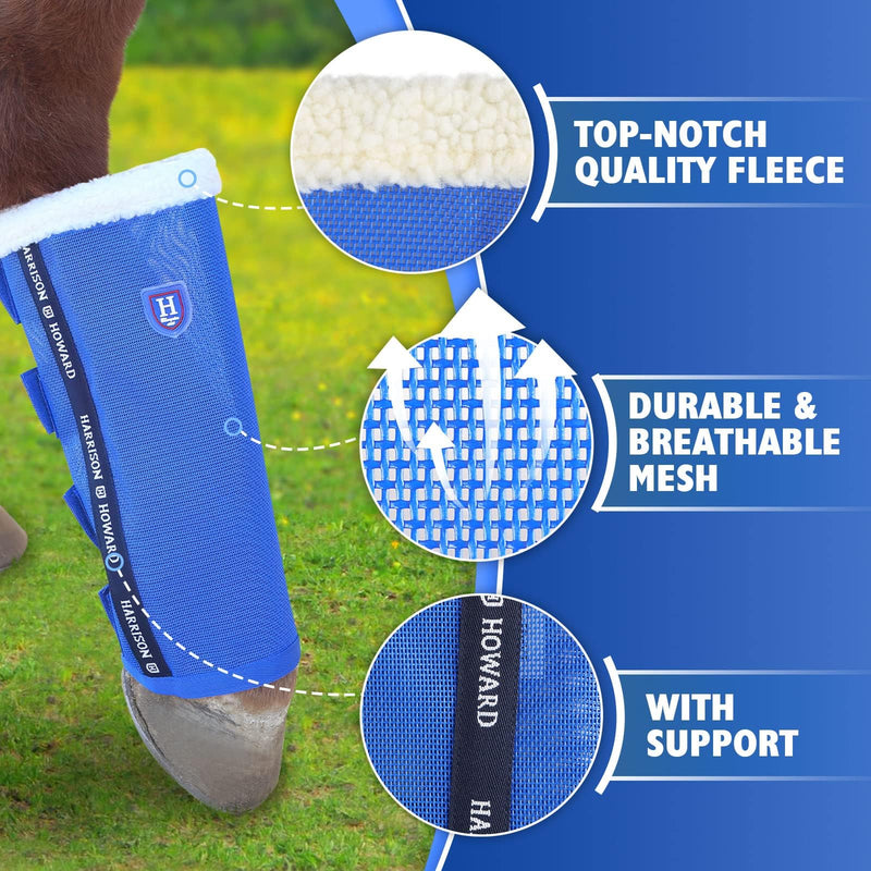 Harrison Howard Loose-Fitting Horse Fly Boots UV-Protective, Breathable, Tear-Resistant Fine Mesh Leggins Stay-on Comfortable Fly Boots with Ultra-Soft Wool Trim (Set of 4) Signature Blue Full (Large) Full (Large)