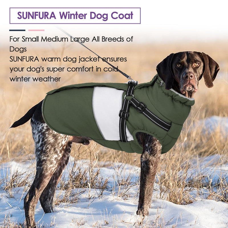 SUNFURA Dog Coat, XXXL Dog Jacket Winter with Harness Built in, Waterproof Pet Snow Jacket with Furry Collar for Chilly Day, Reflective Fleece Snowsuit for Extra Large Dogs, Army Green 3XL XXX-Large - PawsPlanet Australia