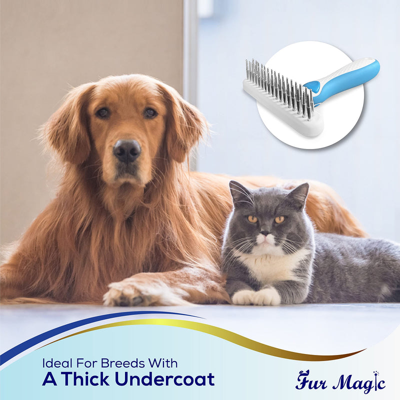 Fur Magic Dematting Comb for Dogs – Undercoat Brush for Dog Grooming - Double Row Stainless Steel Pins Dog Brushes for Shedding – Skin-Friendly and Safe Deshedding Tool for Dogs Dematting Rake