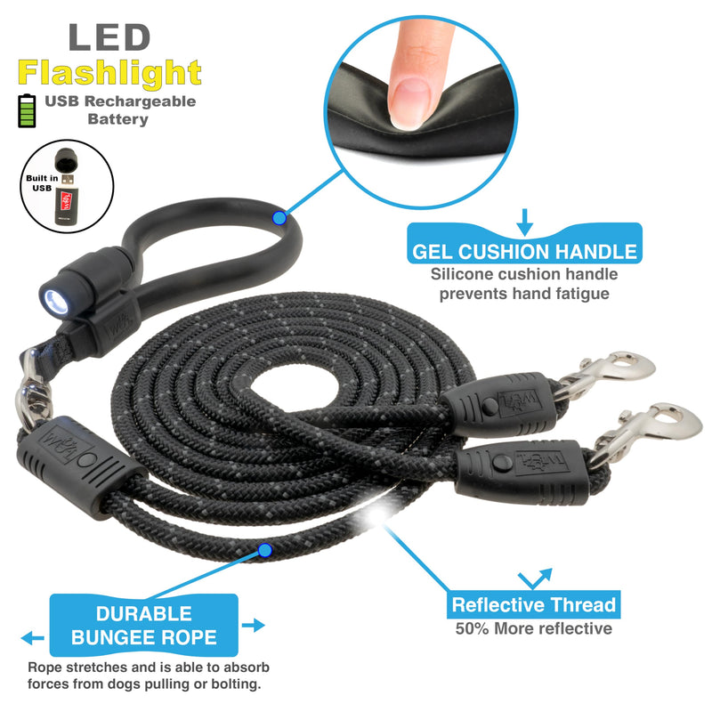 Wigzi - 2025 Edition -Dual Doggie Flex Walk with LED Two Dog Leash. 360 Degree no Tangle, Thick Durable Reflective Ropes, Silicone Extra Soft Comfort Handle, 6ft, Color Black, 5lbs-175 lbs Dogs OK - PawsPlanet Australia