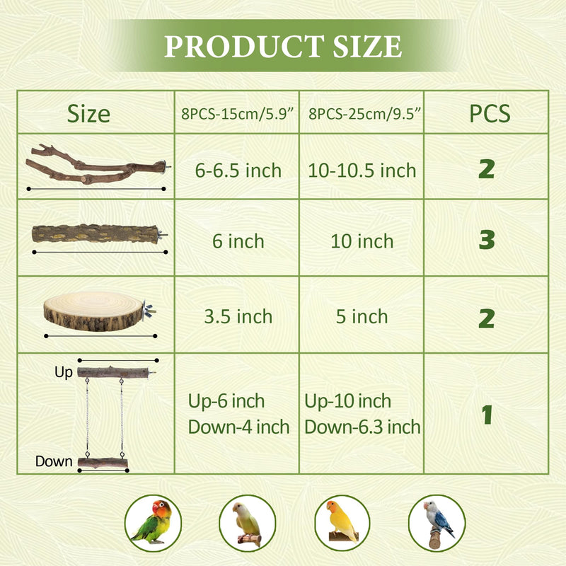 8pcs Natural Bird Perches for Cage, 5.9“ Small Wood Bird Perch for Parakeet/Cockatiel, Bird Cage Stick, Bird Branches for Cages, Birdcage Accessories for Parrot Conure 8pcs-15cm