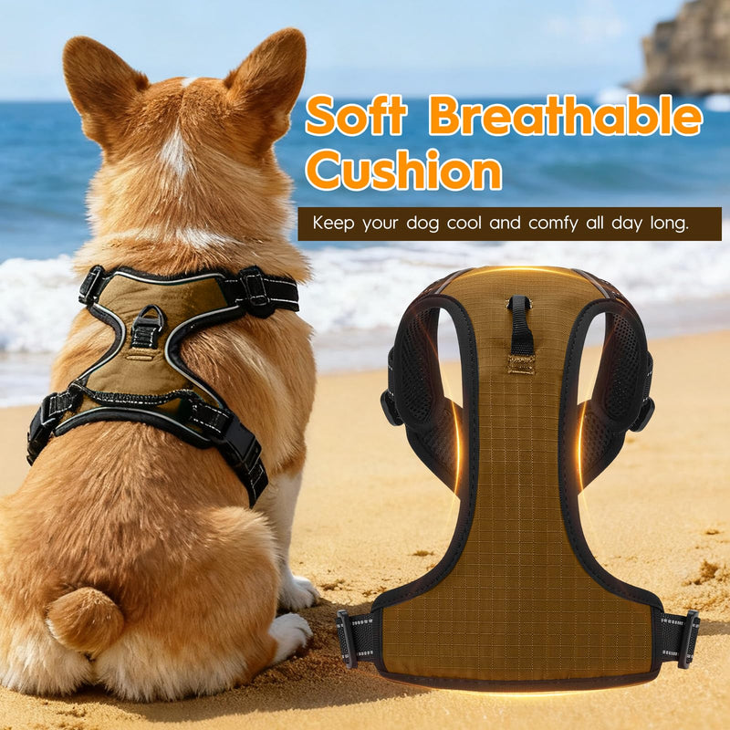 No Pull Dog Harness, No Chock Reflective Adjustable Soft Padded Pet Vest with Easy Control Handle, Easy Wearing with Stylish, Reinforced Knot, 2 Buckles Medium Brown - PawsPlanet Australia