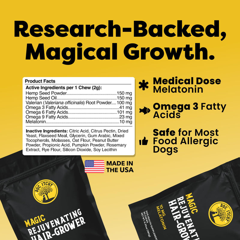 Doc Itchy Rejuvenating Hair-Grower Dog Pet Chews | 10mg Melatonin for Dogs | Hair Growth Booster | Senior Dog Energizer | Calming | Medical-Strength | Food Allergy Safe | Made in USA | 90 Count