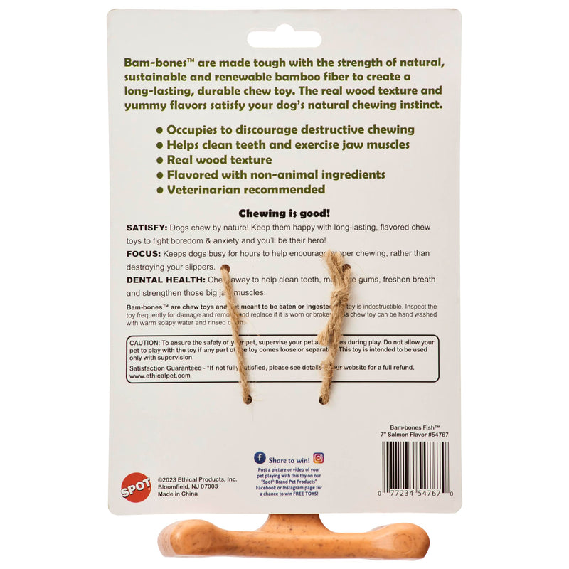 SPOT Bam-Bones Fish - Made with Strong Bamboo Fiber, Durable Long Lasting Dog Bone for Light to Moderate Chewers, Great Chew Toy for Adult Dogs & Teething Puppies under 30lbs, 5.5in, Salmon Flavor - PawsPlanet Australia