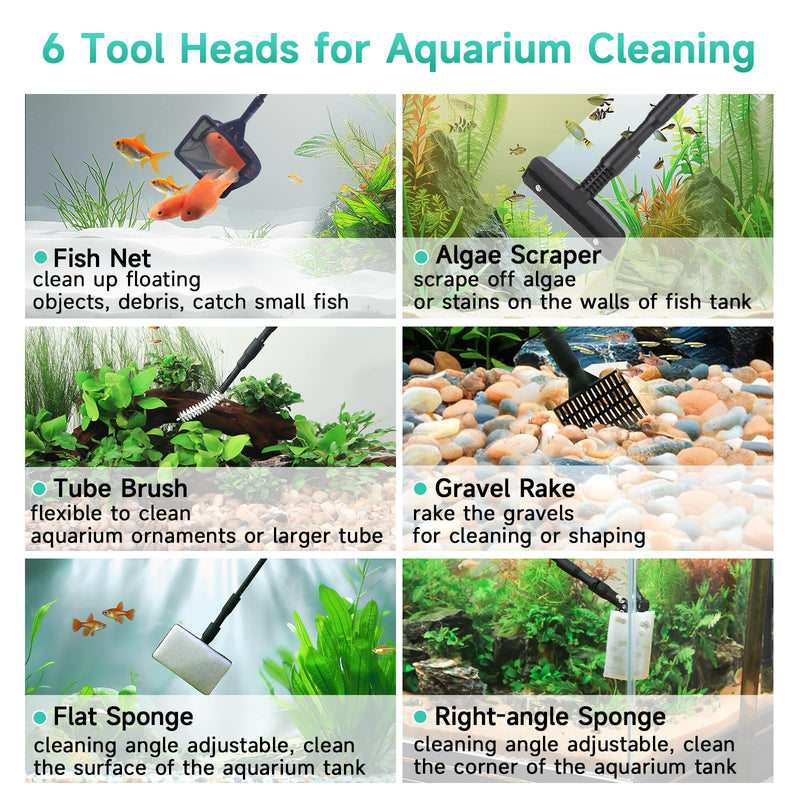 hygger 6-in-1 Aquarium Cleaning Tools, Multipurpose Fish Tank Cleaning Kit for 20-160 Gallon Tank with Telescopic Long Handle,6 Clean Heads