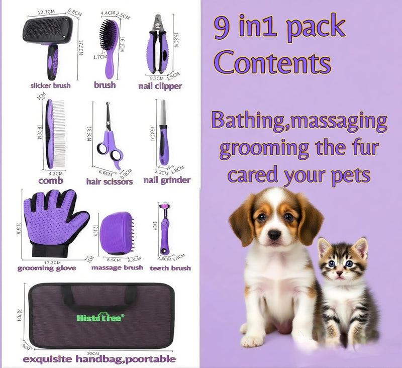Pet Hair Grooming Tool Kit-9 Packs Dog Cat Grooming Kit Pet Dog Cat Grooming Supplies Washing Gloves Slicker Brush Kit Nail Grider Trimming Tools Pet Toothbrush Comb and Grooming Scissors Set - PawsPlanet Australia
