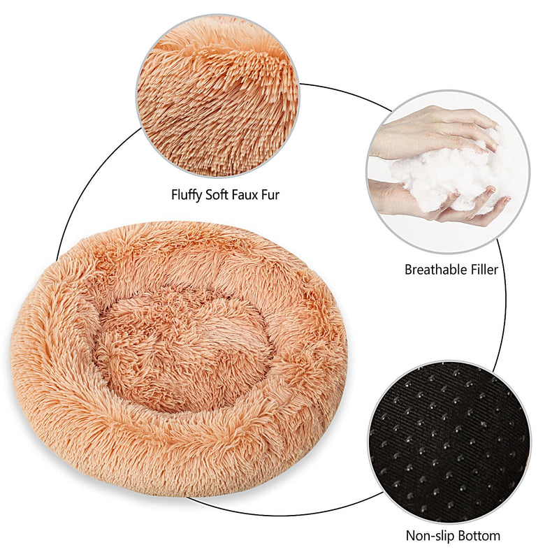 Calming Dog Bed for Small Dogs Cats, Kitty Puppy 23'' Round Anti-Anxiety Warm Fluffy Plush Faux Fur Bed, Soft Anti-Slip Donut Washable Small Pet Bed, Cozy Cat Puppy Bed, Fits up to 30 lbs Pets S (23.5x23.5x6.5) Solid Color Khaki - PawsPlanet Australia