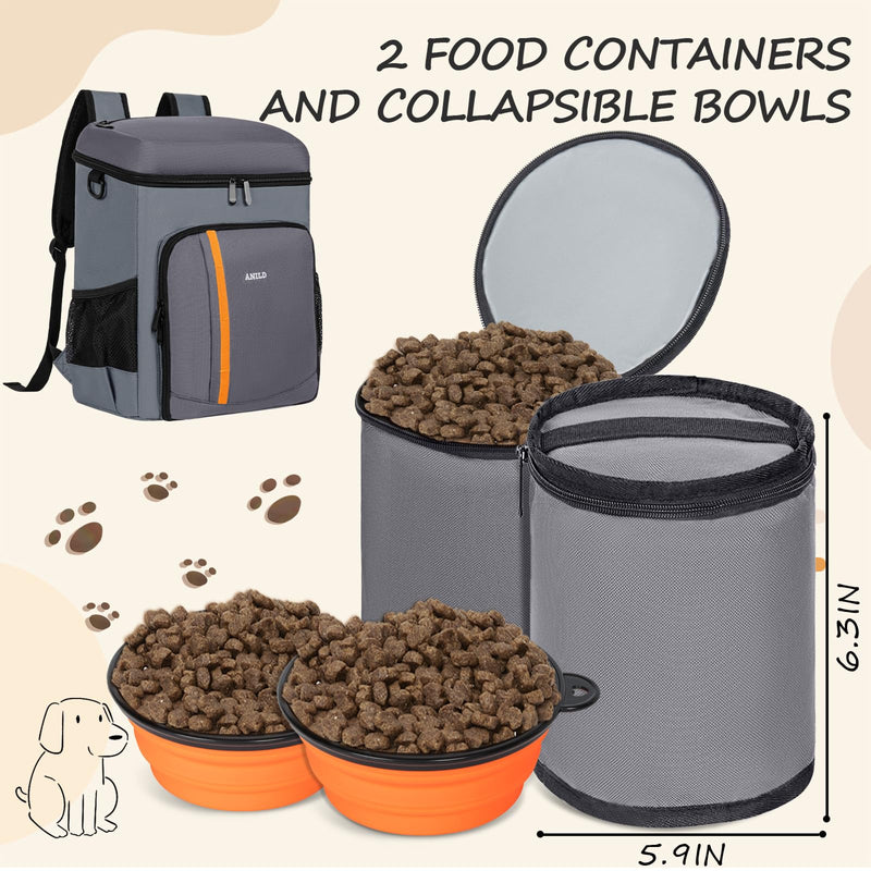 ANILD Dog Travel Backpack - Airline Approved Double-layer Pet Travel Bag Accessories with 2 Food Storage Bag and 2 Foldable Silicone Bowls for Hiking & Camping Dark Grey - PawsPlanet Australia
