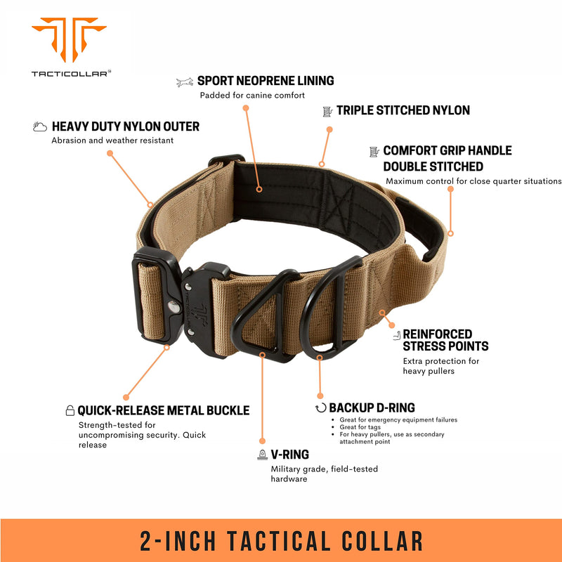 Tacticollar - 2 inch Tactical Dog Collar with Handle for Medium and Large Dogs, Mil Spec Nylon Collar, Quick-Release Metal Buckle, Neoprene Padded Inside (Medium, Coyote Brown)