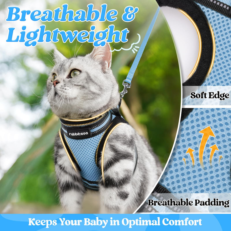 rabbitgoo Cat Harness and Leash Set for Walking Escape Proof, Adjustable Soft Kittens Vest with Reflective Strip for Cats, Comfortable Outdoor Vest, Light Blue, S Small - PawsPlanet Australia