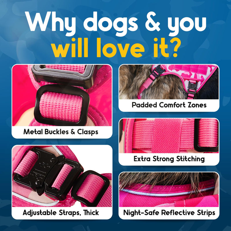Pink No Pull Harness Vest for Medium Sized Dog with 4 Metal Buckles & Double Stitching CAPTAIN DOG - Reflective Pink Camo, Heavy Duty Girly Dog Harness, Tactical Harness with Poop Bag Holder. - PawsPlanet Australia