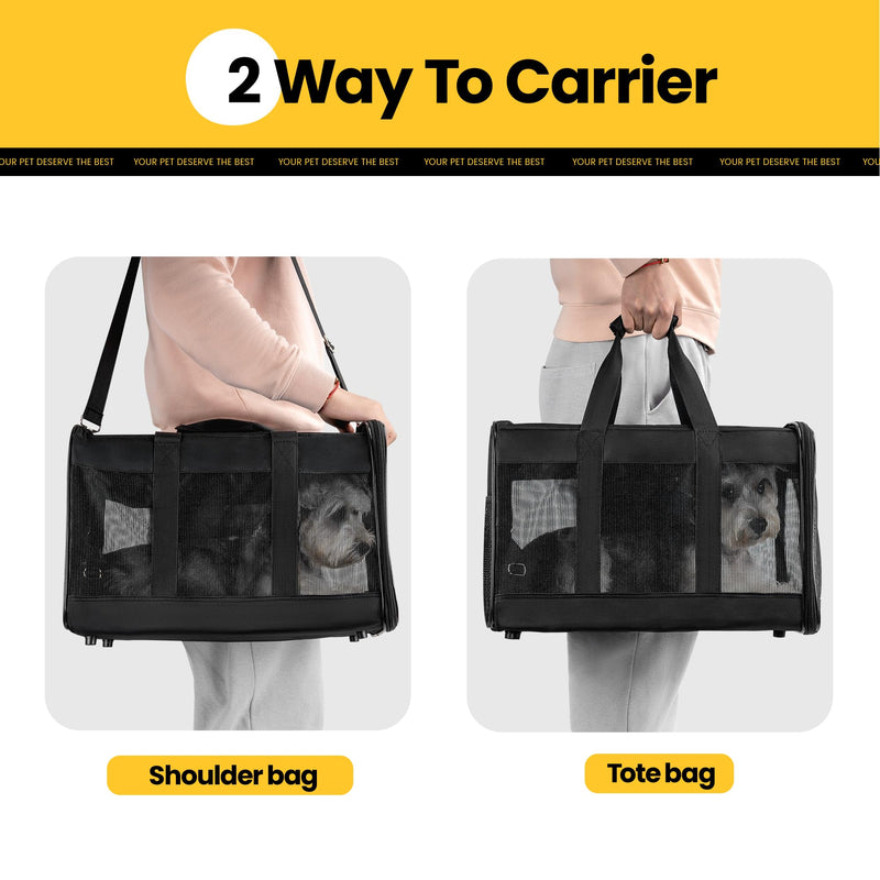 Cat Carrier Airline Approved, Soft-Sided Dog Carrier with Inner Safety Leash, Pet Transport Carrier for Small-Medium Cats Puppies up to 15 Lbs, Collapsible Travel Kitten Carrier Bag -BlackM Medium Black - PawsPlanet Australia