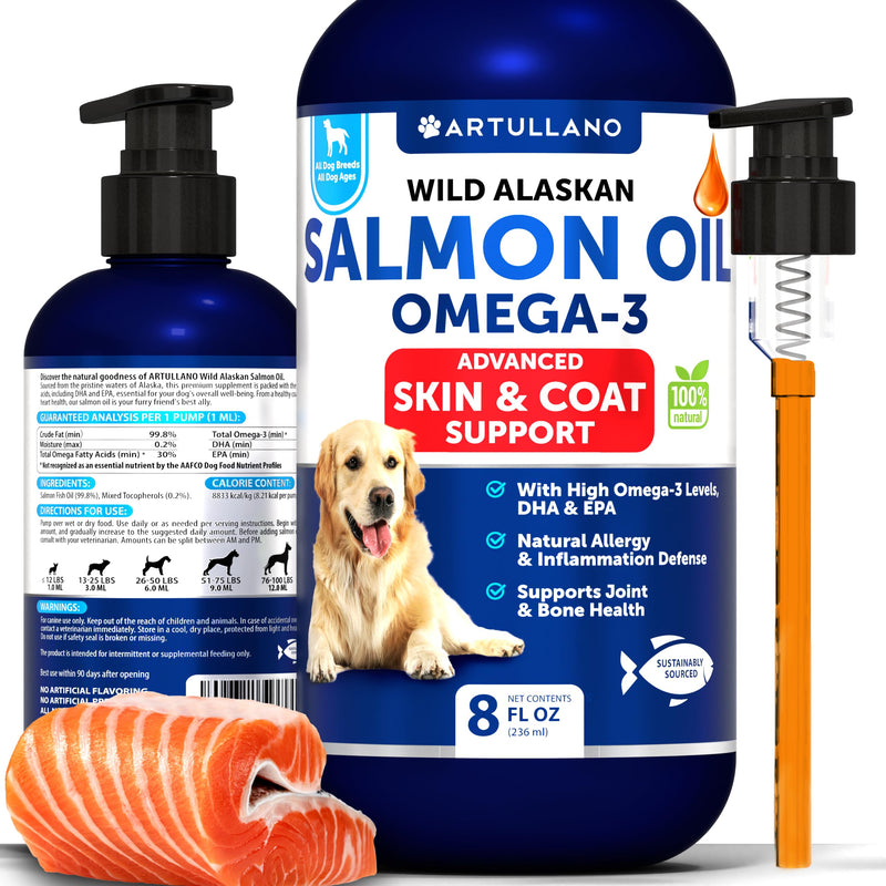 Wild Alaskan Salmon Oil for Dogs - Salmon Oil for Dogs Skin and Coat - Dog Salmon Oil Liquid for Food - Omega 3 Fish Oil for Dogs Itch & Allergy - EPA & DHA Fatty Acids - Shedding Supplement 8 OZ