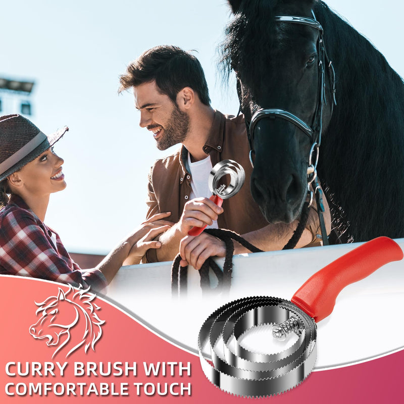4 Rings Curry Comb Horse Brush, Reversible Stainless Steel Curry Comb Brush, Scraper With Handle Double Sided Shedding, Tool For Dog Horse Grooming Supplies (Red) Red