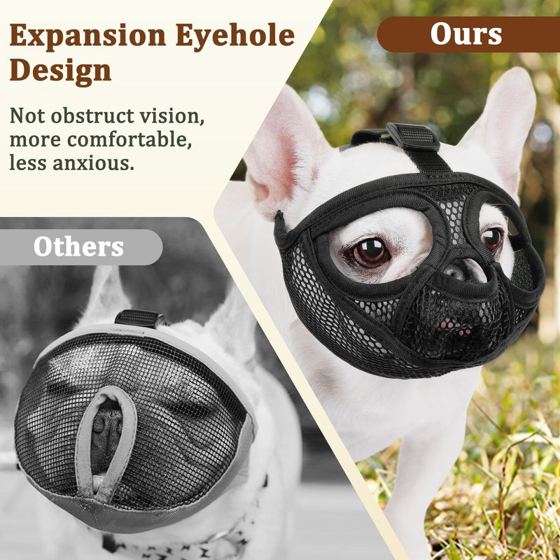 Mayerzon French Bulldog Muzzle, Mesh Short Snout Dog Muzzle for Flat-Faced Dogs Pug English Bulldog, Allows Full Panting & Drinking, Prevents Chewing Eating, Ideal for Grooming Vet Visits Walking Black S [Head Cir: 15"-17.5"] - PawsPlanet Australia